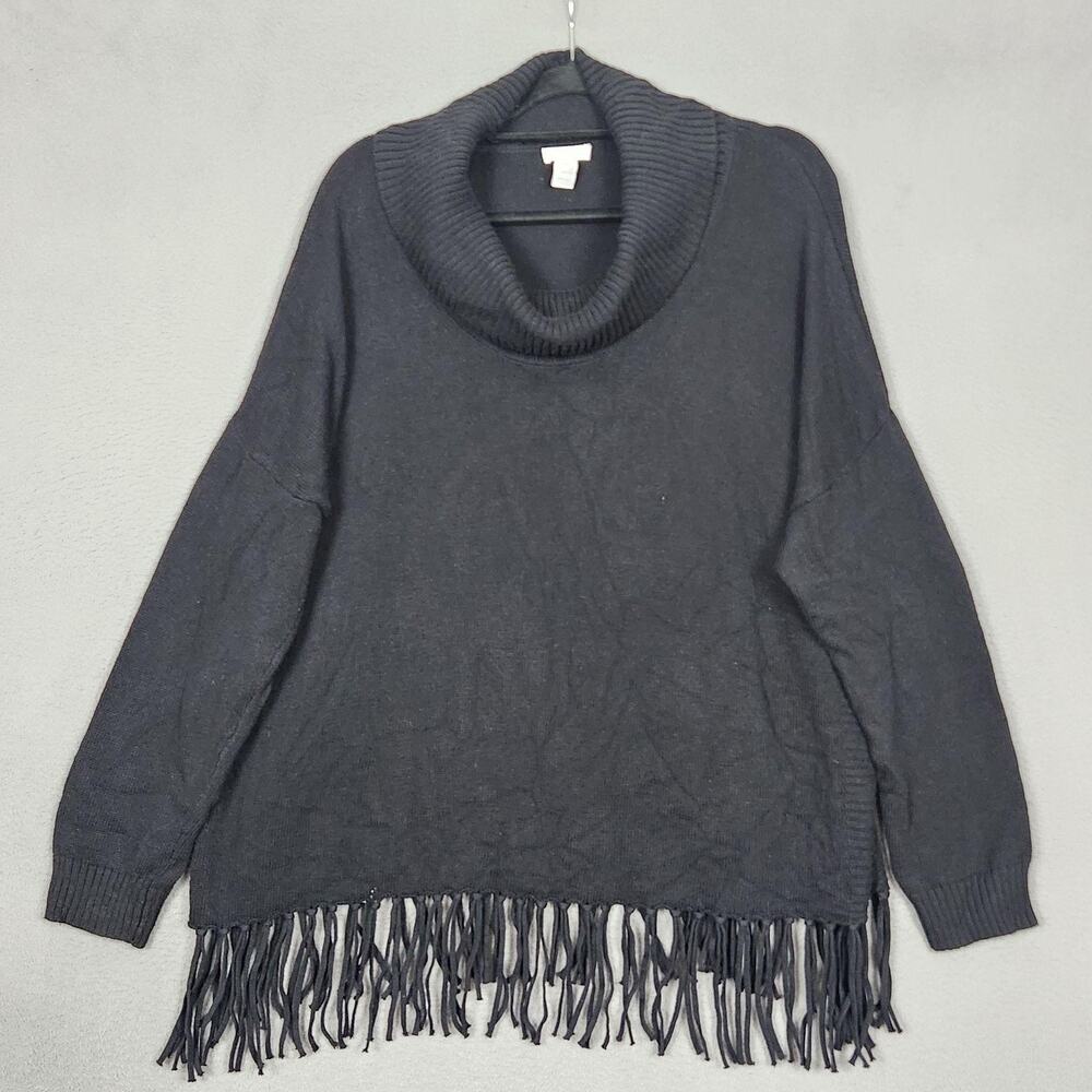 CHICOS Sweater Womens 3 Black XL Cotton Nylon Rabbit Hair Cowl Fringe Oversized